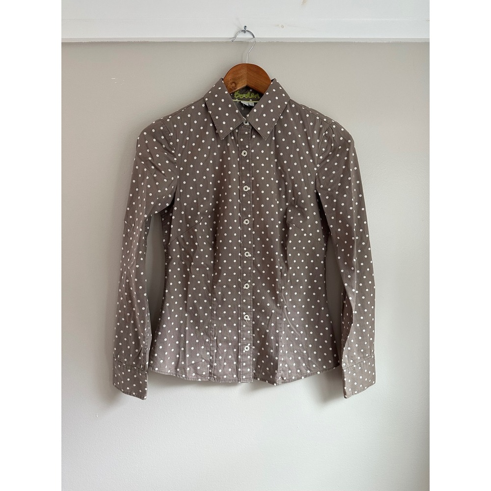 Boden Polka Dot Button Down Women US 2 Taupe EUC Stretch Cotton Tailored Shirt